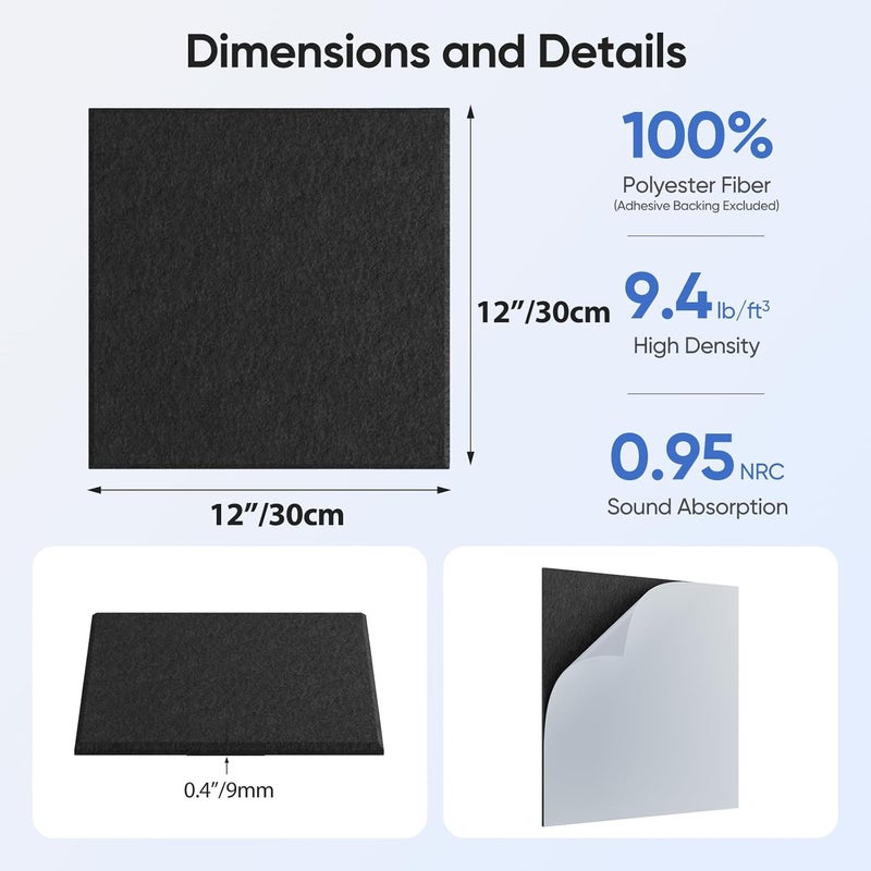 UNECHO Store 12 Pack 12" X 12" X 0.4" Acoustic Panels for Wall Sound Absorbing, Square Self-Adhesive Sound Panels, High Density Suitable for Multiple Scenarios(Black) - Image 3